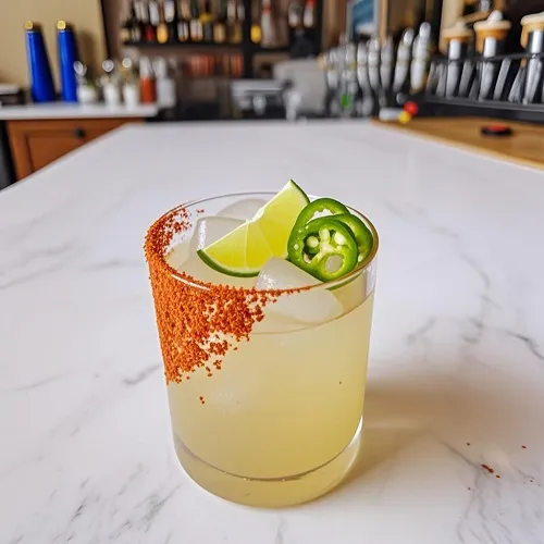 Spicy Margarita Mocktail in a tajín-rimmed glass with ice.